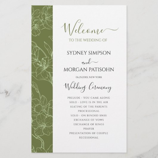 Elegantes Blumenzettel Grüne Hochzeit Programm (Vorderseite)