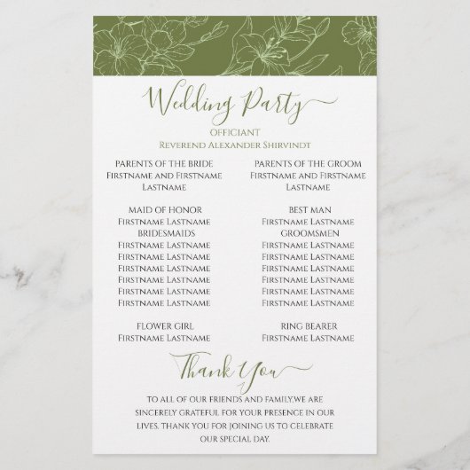 Elegantes Blumenzettel Grüne Hochzeit Programm (Rückseite)