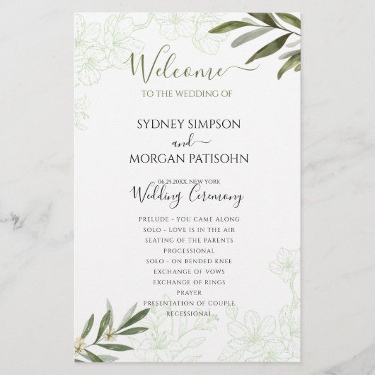 Elegantes Blumenzettel Grüne Hochzeit Programm (Vorderseite)