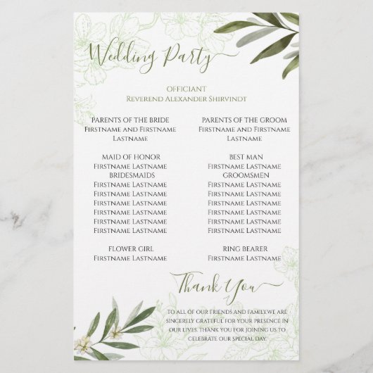 Elegantes Blumenzettel Grüne Hochzeit Programm (Rückseite)