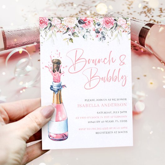 Elegantes Blush Bloral Brunch & Bubbly Brautparty Einladung