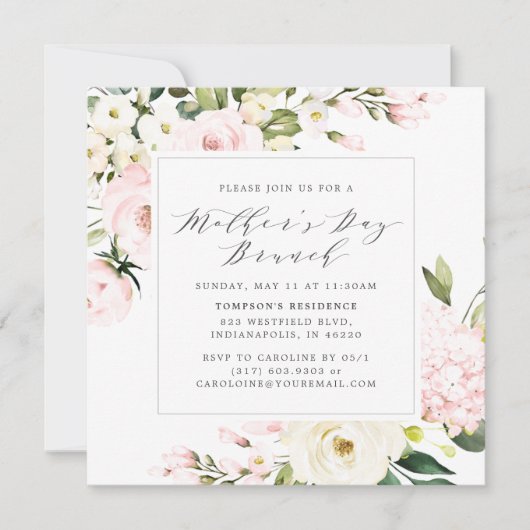 Elegantes Blush Blumengrün Muttertag Brunch Einladung (Vorderseite)