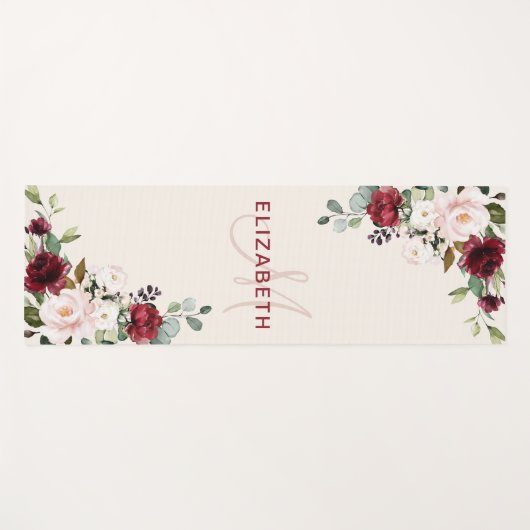 Elegantes Blush Burgundy Aquarell Floral Monogramm Yogamatte (Vorderseite (Horizontal))