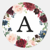 Elegantes Blush Burgundy und Navy Floral Monogram Runder Aufkleber (Vorderseite)