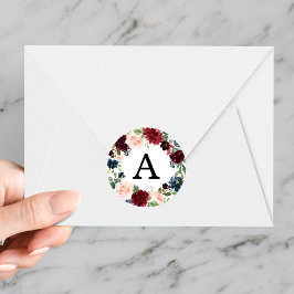 Elegantes Blush Burgundy und Navy Floral Monogram Runder Aufkleber