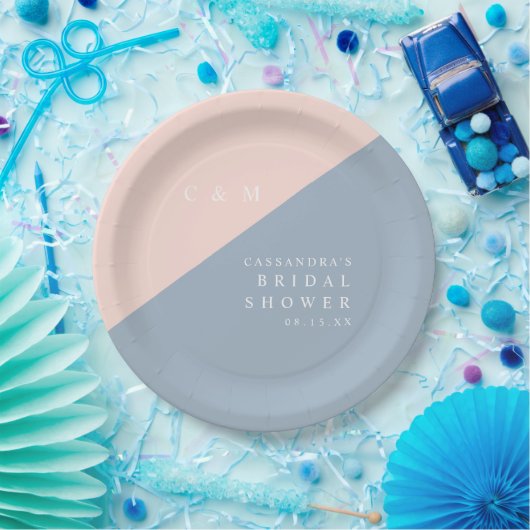 Elegantes Blush Dusty Blue Monogram Brautparty Pappteller (Party)