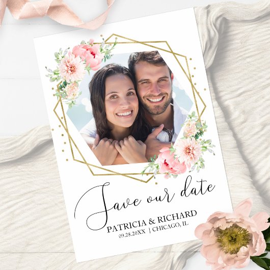 Elegantes Blush Floral Foto Save the Date Hochzeit Postkarte