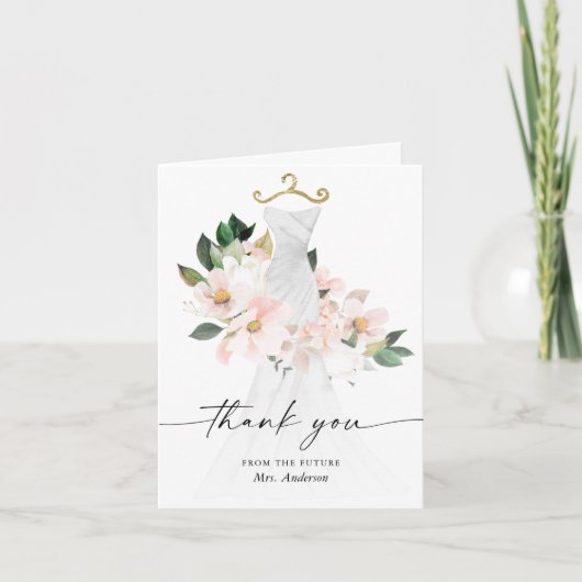 Elegantes Blush Floral Wedding Dress Danke Card (Vorderseite)