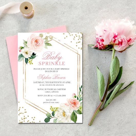Elegantes Blush Gold Floral Baby Sprinkle Brunch Einladung