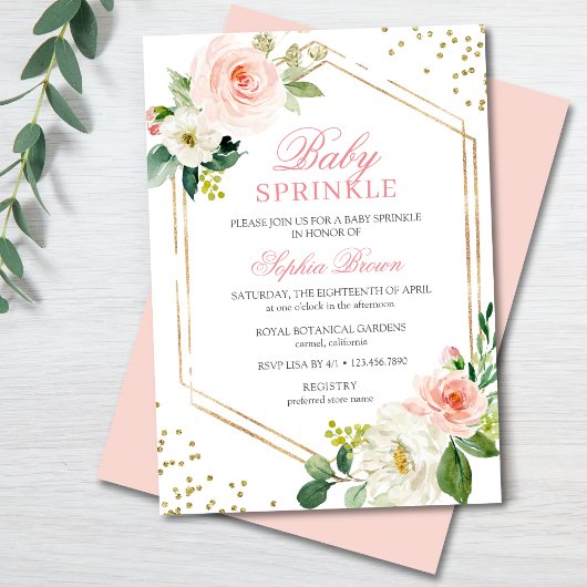 Elegantes Blush Gold Floral Baby Sprinkle Brunch Einladung