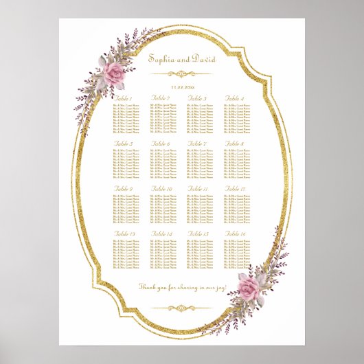 Elegantes Blush-Gold-Rahmen-Sitzdiagramm Poster (Vorne)