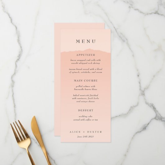 Elegantes Blush Gradient Wedding Menu Menükarte (Vorderseite/Rückseite Beispiel)