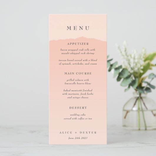 Elegantes Blush Gradient Wedding Menu Menükarte (Stehend Vorderseite)