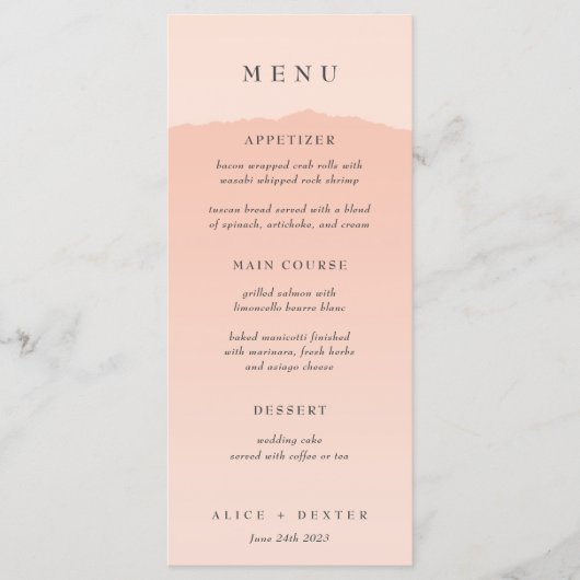 Elegantes Blush Gradient Wedding Menu Menükarte (Vorderseite)