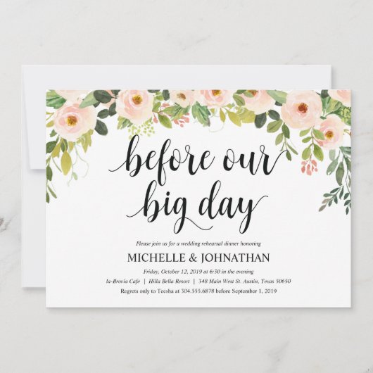 Elegantes Blush Hochzeitliches Probe Dinner Einladung (Vorderseite)