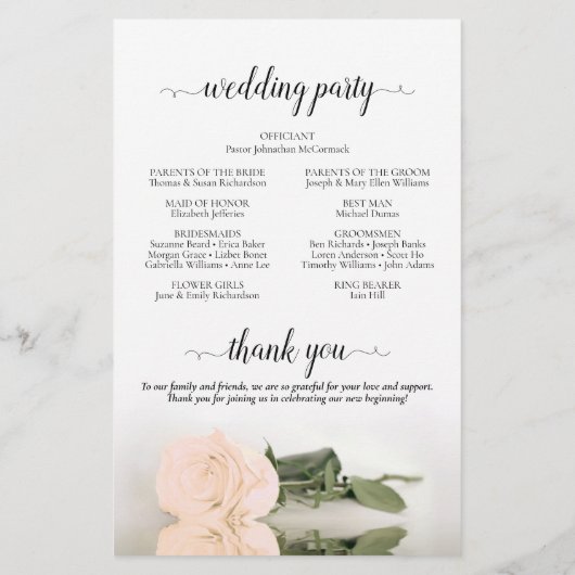 Elegantes Blush Peach Rose Hochzeitsprogramm (Rückseite)