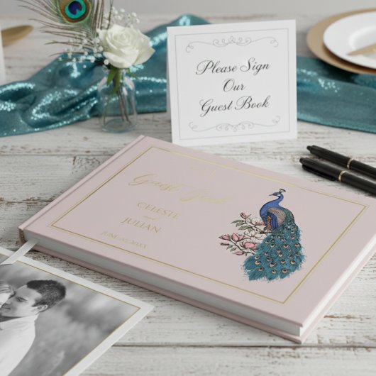 Elegantes Blush Peacock Foto Wedding Gästebuch