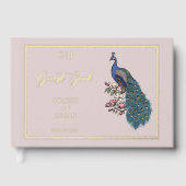 Elegantes Blush Peacock Foto Wedding Gästebuch (Vorderseite)