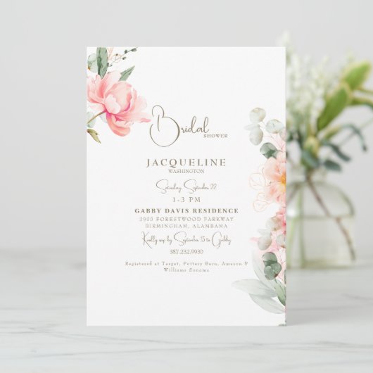 Elegantes Blush Peonies Gold Text Brautparty Einladung (Stehend Vorderseite)