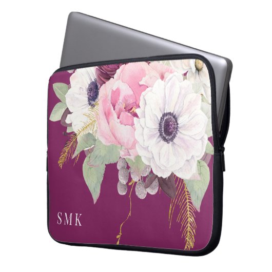 Elegantes Blush Peony Eucalyptus Floral Monogram Laptopschutzhülle (Vorderseite Links)