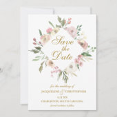 Elegantes Blush Pink Bläserpeony Gold Script Save The Date (Vorderseite)