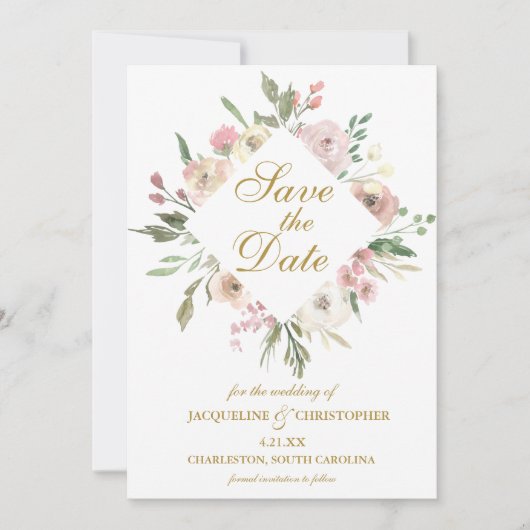 Elegantes Blush Pink Bläserpeony Gold Script Save The Date (Vorderseite)