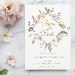 Elegantes Blush Pink Bläserpeony Gold Script Save The Date