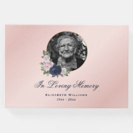 Elegantes Blush Pink Blue Floral Beerdigung Foto Gästebuch