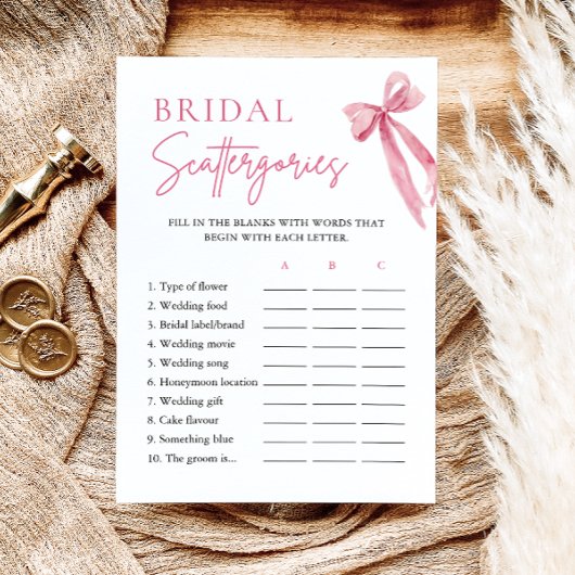 Elegantes Blush Pink Bow Bridal Scattergories Game Einladung