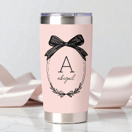 Elegantes Blush Pink Chic Script Black Bow Monogra Thermobecher