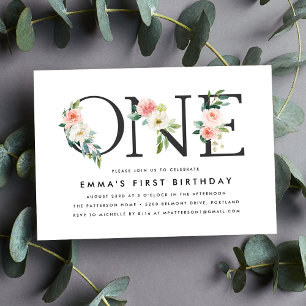Elegantes Blush Pink Floral 1. Geburtstag Party Einladung