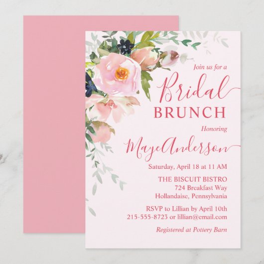 Elegantes Blush Pink Floral Bouquet Bridal Brunch Einladung (Vorne/Hinten)