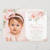 Elegantes Blush Pink Floral Gold Christening Foto Einladung (Vorne/Hinten)