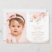 Elegantes Blush Pink Floral Gold Taufe Foto Einladung (Vorderseite)