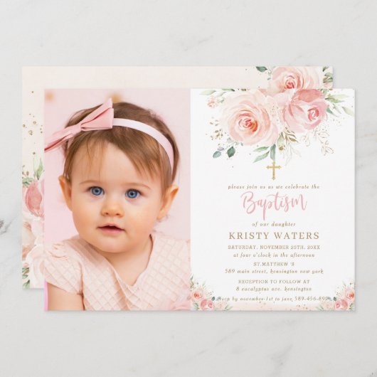 Elegantes Blush Pink Floral Gold Taufe Foto Einladung (Vorne/Hinten)