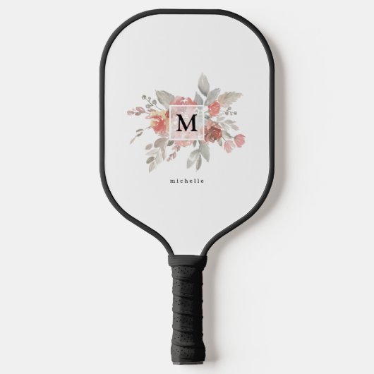 Elegantes Blush Pink Floral Watercolor Monogramm Pickleball Schläger (Vorderseite)