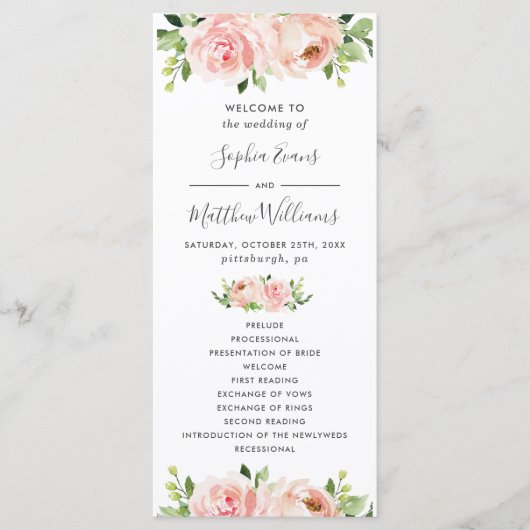 Elegantes Blush Pink Floral Wedding Programm (Vorderseite)
