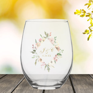 Elegantes Blush Pink Gold Floral Wedding Monogram Weinglas Ohne Stiel