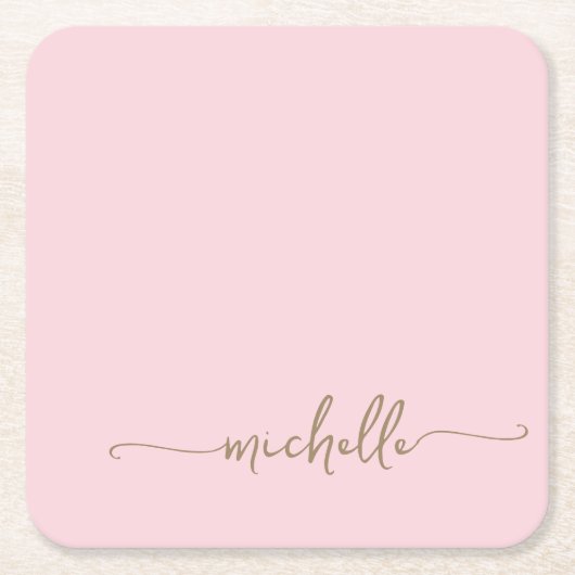 Elegantes Blush Pink Gold Monogram Name Script Rechteckiger Pappuntersetzer (Vorderseite)