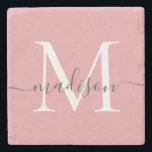 Elegantes Blush Pink Gray Monogram Feminine Script Steinuntersetzer<br><div class="desc">Eleganter,  rosa,  graue Monogramm Feminine Script Name Stone Untersetzer</div>