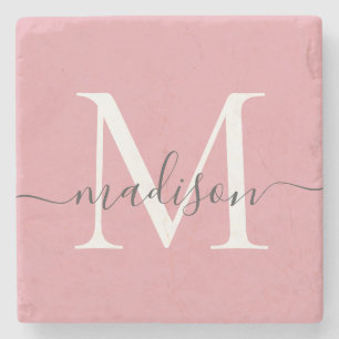 Elegantes Blush Pink Gray Monogram Feminine Script Steinuntersetzer
