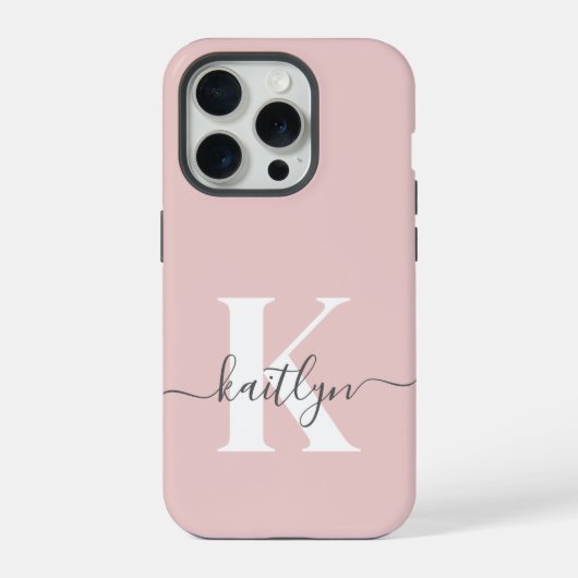 Elegantes Blush Pink Gray Script Monogram iPhone Hülle (Rückseite)