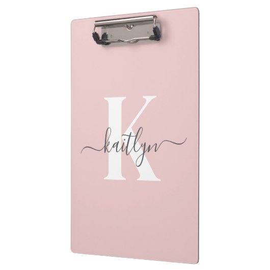 Elegantes Blush Pink Gray Script Monogram Klemmbrett (Links)