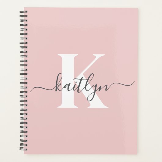 Elegantes Blush Pink Gray Script Monogram Planer (Vorderseite)