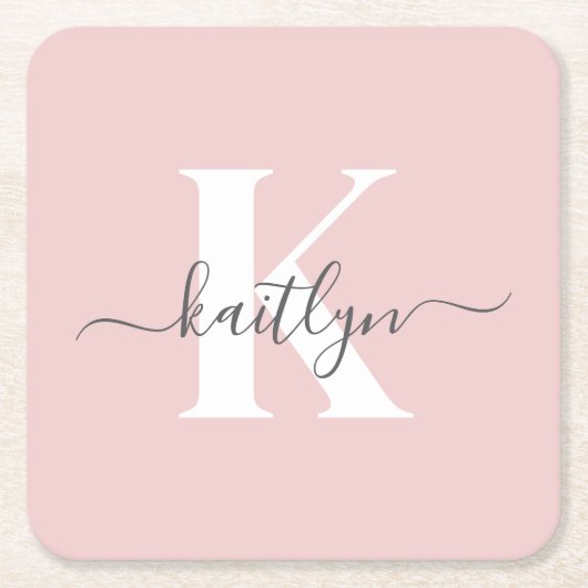 Elegantes Blush Pink Gray Script Monogram Rechteckiger Pappuntersetzer (Vorderseite)