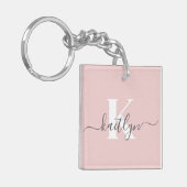 Elegantes Blush Pink Gray Script Monogram Schlüsselanhänger (Vorderseite links)