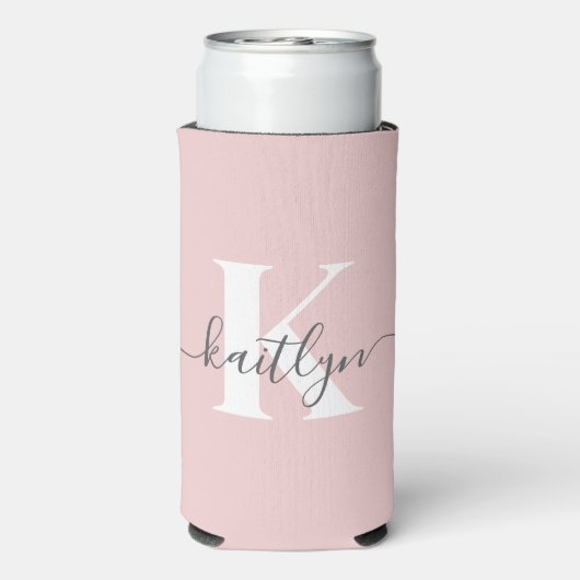 Elegantes Blush Pink Gray Script Monogram Selters Dosenkühler (Seltzer Rückseite)