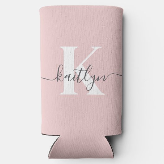 Elegantes Blush Pink Gray Script Monogram Selters Dosenkühler (Rückseite)