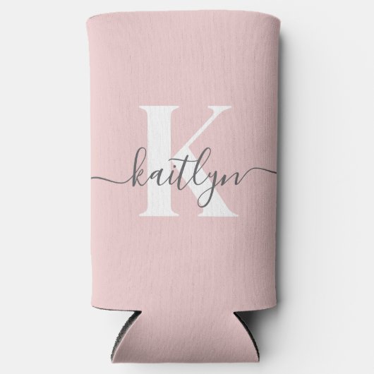 Elegantes Blush Pink Gray Script Monogram Selters Dosenkühler (Vorderseite)