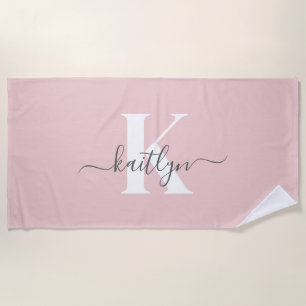 Elegantes Blush Pink Gray Script Monogram Strandtuch